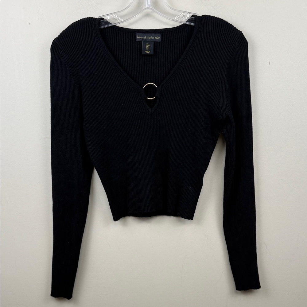 House of Harlow v neck Black Ribbed Long Sleeve Top small euc - Picture 5 of 10